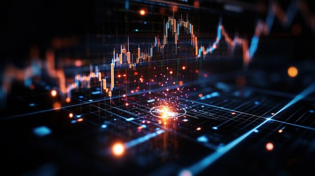 Abstract financial data representation with glowing lines and nodes alongside vibrant candlestick charts illustrating dynamic market activity in blue and orange - Powered by Adobe