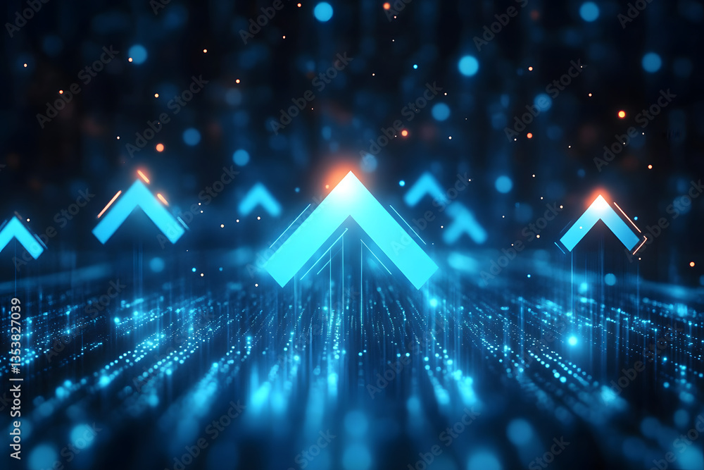 Poster abstract digital background with glowing blue arrows pointing upwards in a shimmering environment : 