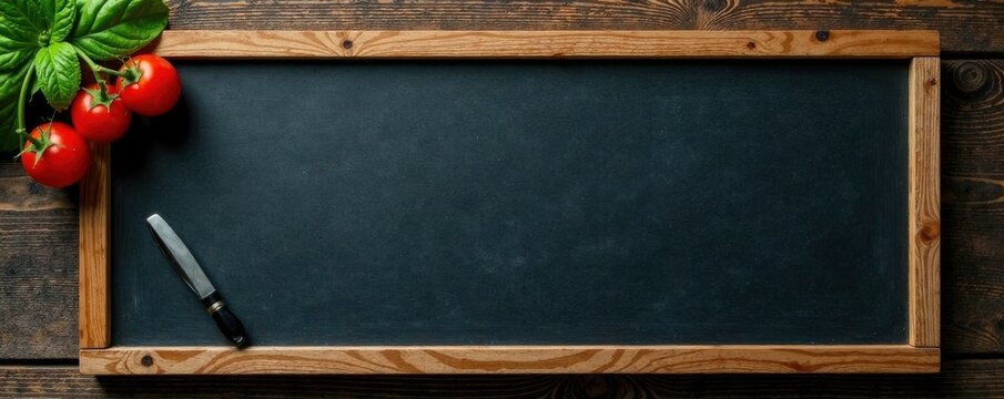 Chalkboard menu on rustic wooden table , chalkboard, wood