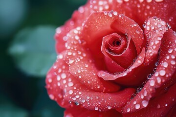 Close up of a vibrant red rose covered in water droplets
