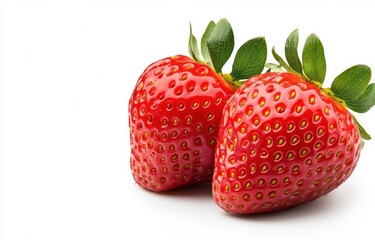 Two ripe red strawberries with green leaves on a white background.