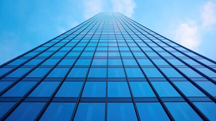 Modern skyscraper reflecting the sky in a clear urban setting.