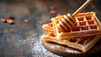 Delicious Golden Waffles Drizzled with Sweet Honey on Wooden Board with Dusting of Powdered Sugar