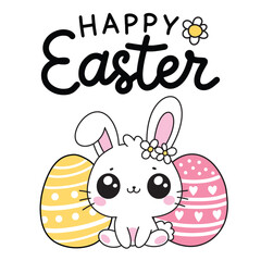Happy Easter Cute Greeting Card with Lettering and Cartoon Kawaii Bunny Rabbit With Colored Ornate Eggs