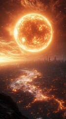 Fiery planet hangs over dystopian city amidst swirling, glowing clouds