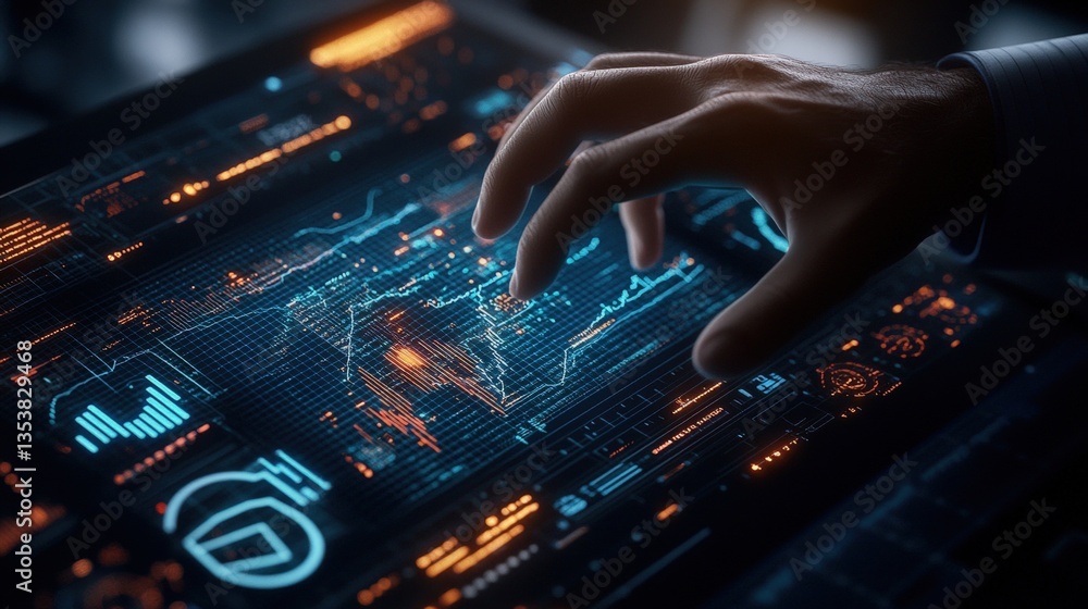 Poster hand interacting with futuristic touchscreen interface featu global map and data visualizations repr