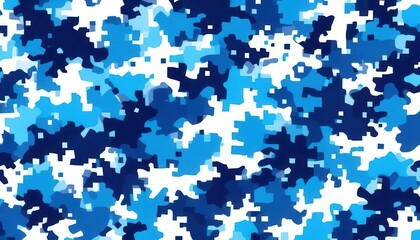 Vibrant Blue and White Pixelated Camouflage Pattern Digital Abstract Design