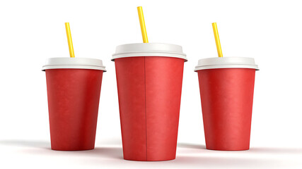 Three red cups with white lids and yellow straws on a white background in a studio setting