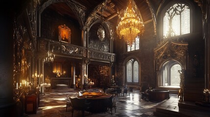 Opulent Gothic Palace Interior: A Luxurious Grand Hall