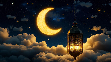 Ramadan Beautiful Night with Crescent Moon and Lantern – Islamic Decoration for Eid and Ramadan (1)