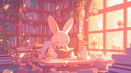 A cozy rabbit reading in a sunlit library, surrounded by books and soft flowers.