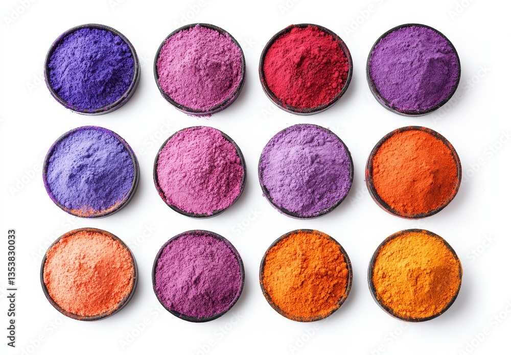 Poster vibrant exploration of colorful powdered pigments arranged in circular bowls for artistic projects a