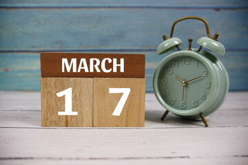 Wooden Calendar Showing the Date of March 17th. Day 17 of March month