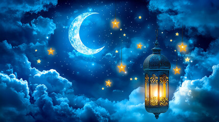 Ramadan Beautiful Night with Crescent Moon and Lantern – Islamic Decoration for Eid and Ramadan (1)