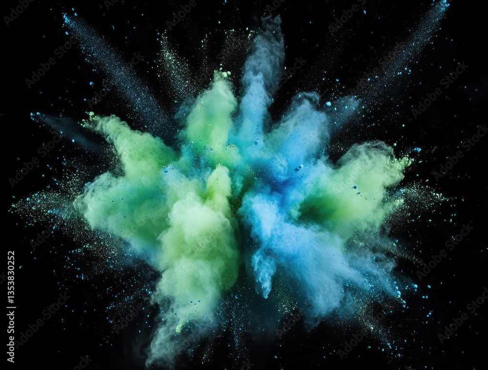 Poster vibrant explosion of blue and green powder creating a dynamic and colorful scene against a dark back