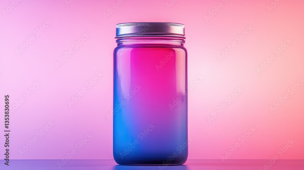 Poster a frosted glass-inspired insulated food jar with a subtle gradient color, placed on a neutral surfac