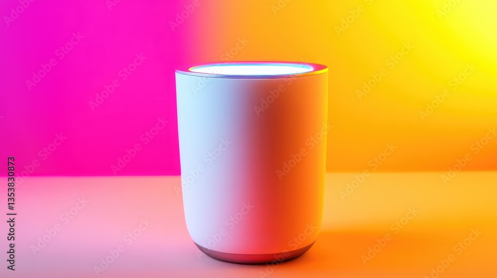 Poster a futuristic insulated cup with a built-in led temperature display, placed on a tech-inspired backgr