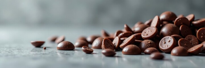 Chocolate chips sliding horizontally on a gray surface, gray, surface