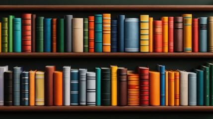 Naklejka premium Two Neatly Organized Shelves Displaying a Diverse Array of Colorful Hardcover Books Set Against a Dark Background in an Artistic arrangement of literature