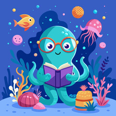 Obraz premium The underwater world of fishes | Octopus illustration | Octopus reading book illustration