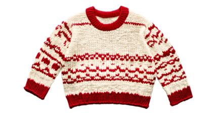 A children's Christmas sweater with red patterns, in a cream and red color scheme isolated on a transparent background