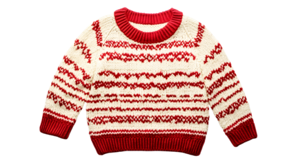 A children's Christmas sweater with red patterns, in a cream and red color scheme isolated on a transparent background