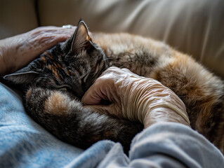 Tender Moment: Elderly Hand Comforting Sleeping Cat