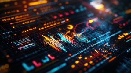 Close-up view of a vibrant futuristic digital interface showcasing multicolored graphs charts and data streams against a dark background of technology