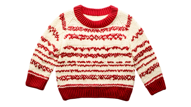A children's Christmas sweater with red patterns, in a cream and red color scheme isolated on a transparent background