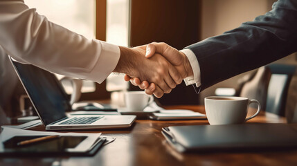 Handshake over laptops and documents in a business setting