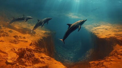 Obraz premium Dolphins swimming through underwater canyon. Ocean wildlife background. Marine life stock photo