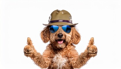 A golden doodle wearing sunglasses and a fisherman hat giving two thumbs up; cool dog wearing hat and sunglasses giving two thumbs up