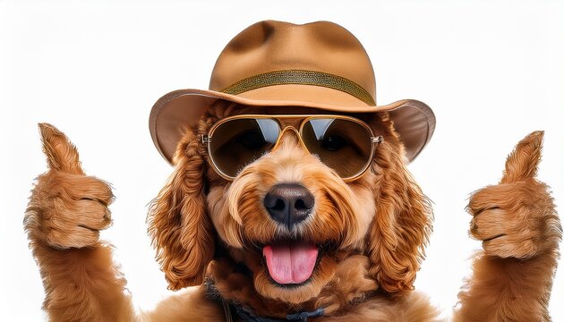 A golden doodle wearing sunglasses and a fisherman hat giving two thumbs up; cool dog wearing hat and sunglasses giving two thumbs up