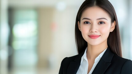 Obraz premium Portrait of a young Asian businesswoman with long dark hair, wearing a black blazer and white shirt, smiling gently against a blurred background. 