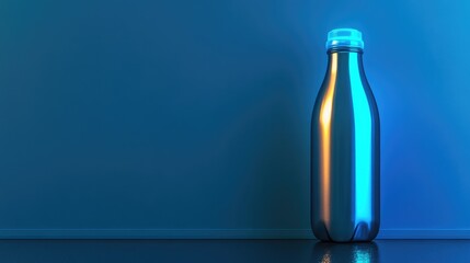 A futuristic vacuum-insulated bottle with a glowing LED indicator, placed on a neutral background. High-tech concept with copy space.