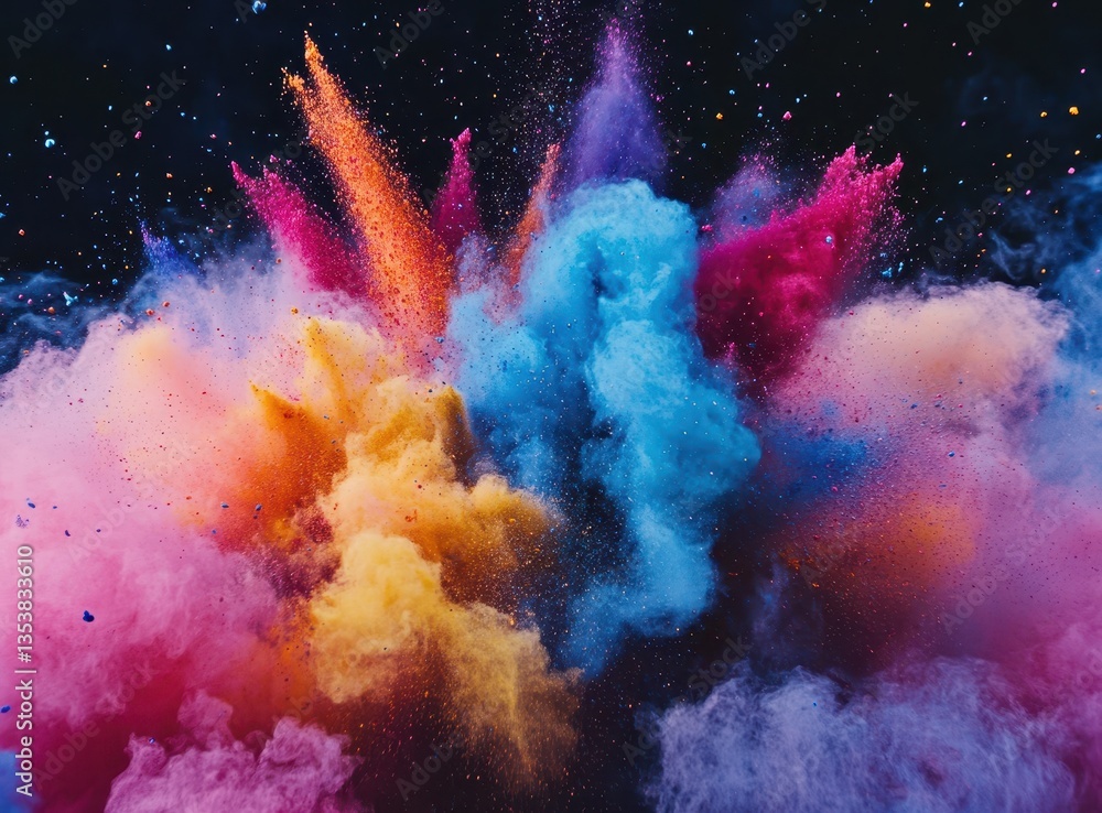 Poster vibrant explosion of colorful dust and particles on dark background capturing energy and movement in