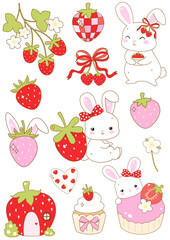 Set of illustrations of Strawberry cute coquette bunny in different poses and emotions with flowers