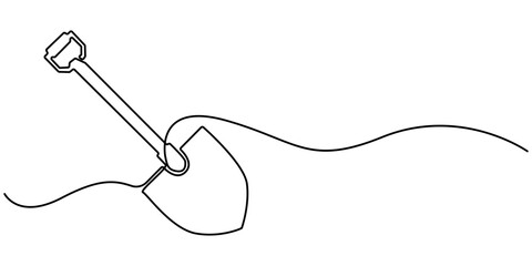 Obraz premium Shovel, dig, construction, cleaning one line art. Continuous line drawing of repair, professional, hand, people, concept, support, maintenance, Line Art Spade Tool Illustration. Scoop Sketch. 