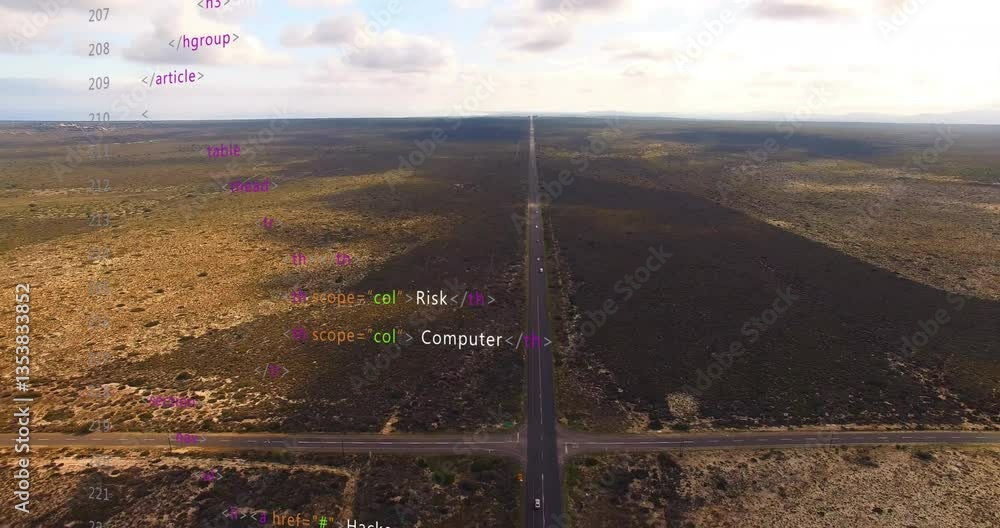 Poster creating animation, html code overlay on aerial road view through vast landscape