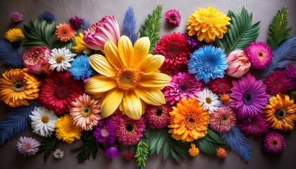 vibrant assortment of colorful flowers arranged on a textured wall surface for decorative purposes