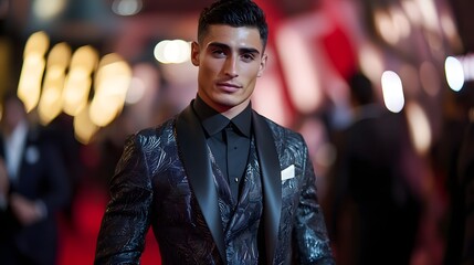 Elegant Man on the Red Carpet: A stylish man in a formal suit exudes confidence and charisma as he walks the red carpet. Perfect for fashion, events, and portraiture.