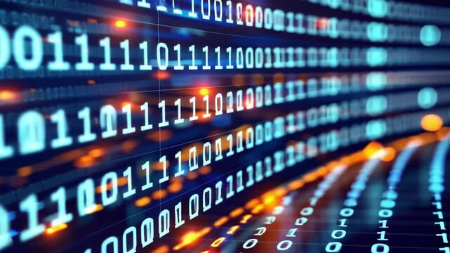Glowing numbers and vibrant digital binary code streams create abstract background, showcasing essence of technology and data processing in mesmerizing visual display.