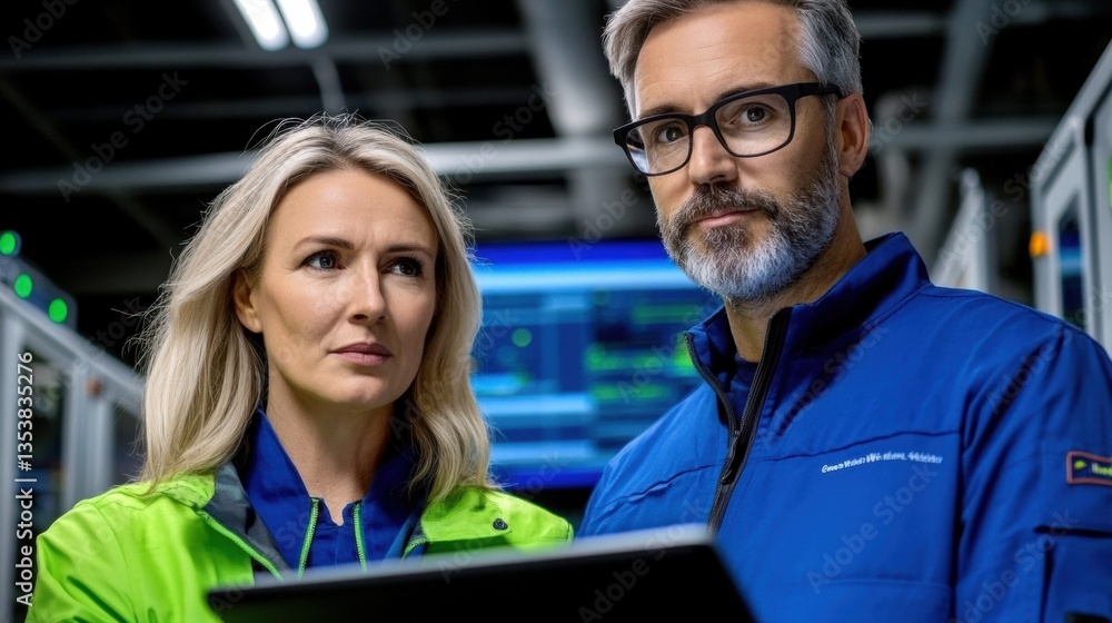Aufkleber man and woman in work uniforms review data on a laptop in a server room. the image is lit with artif