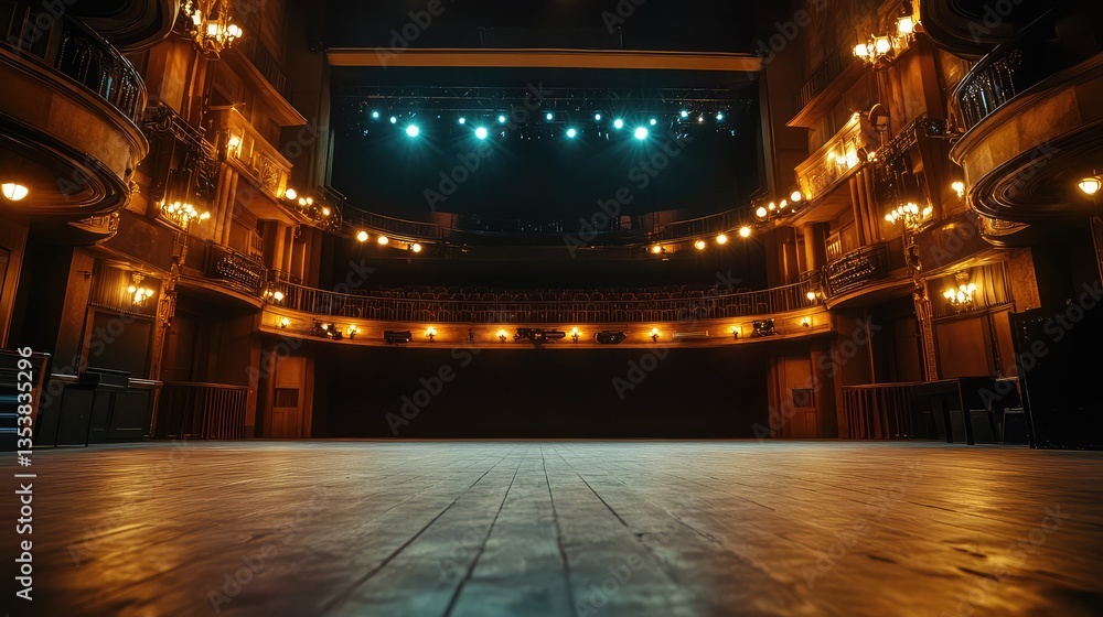 Poster a low-angle view of glowing theater lights creating a soft glow on the empty stage with ample space 
