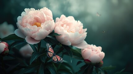 A vibrant arrangement of blooming pink and white peonies set against a dark background.