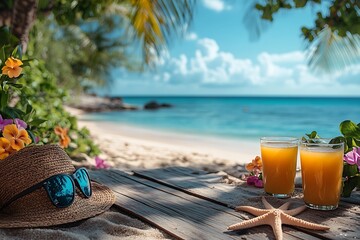 Two Glasses of Orange Juice, Straw Hat, Starfish, Sunglasses on Beach Wood Planks
