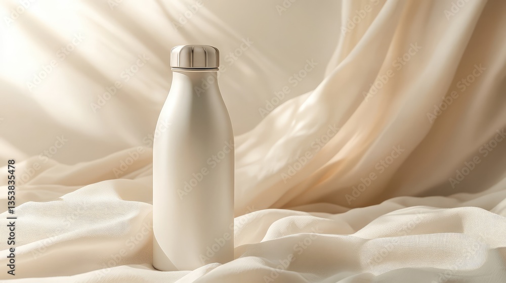 Poster a matte-finish insulated bottle lying on soft white fabric with warm lighting. elegant and soft atmo