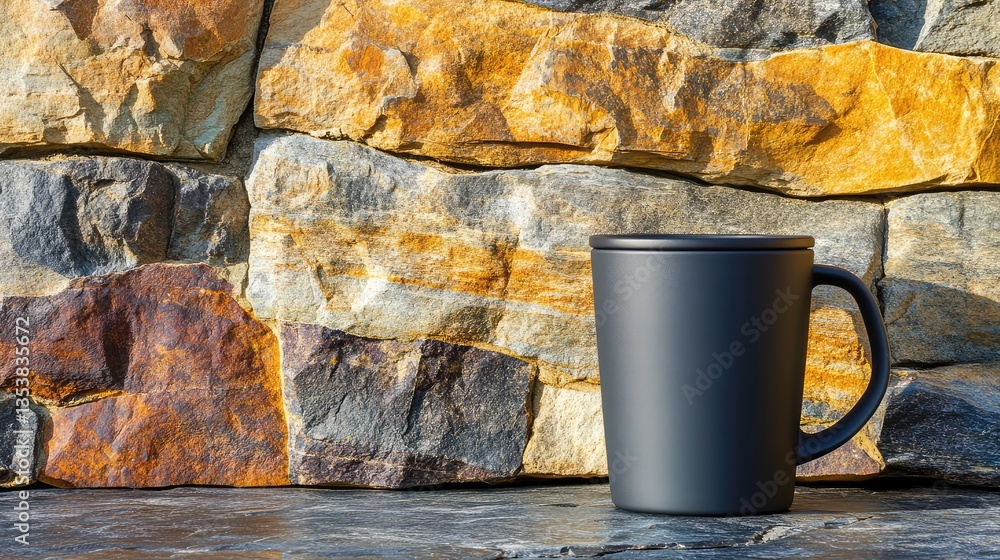 Poster a matte-finish insulated mug with a silicone grip, placed on a stone background with soft shadows. m