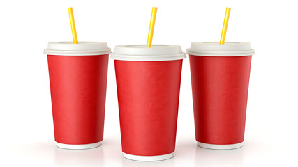Three red disposable cups with white lids and yellow straws on a white background surface