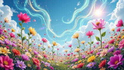 Obraz premium Create a fantasy landscape with towering flowers resembling musical instruments, emitting colorful sound waves into an enchanted sky filled with sparkles and dreamy clouds.